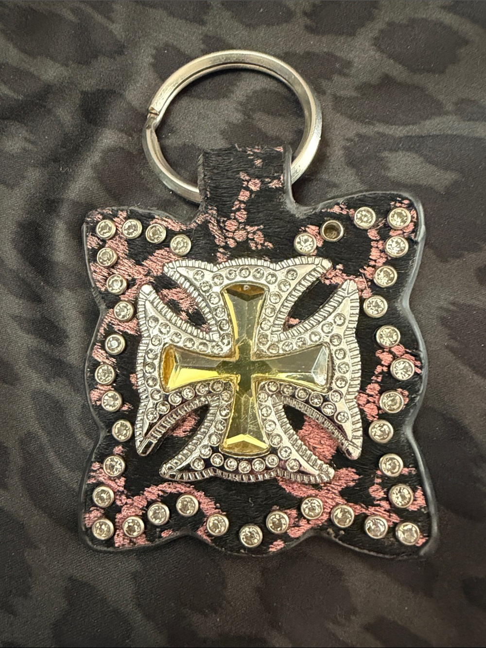 Decorative Black and Pink Cross Keychain with Rhinestones